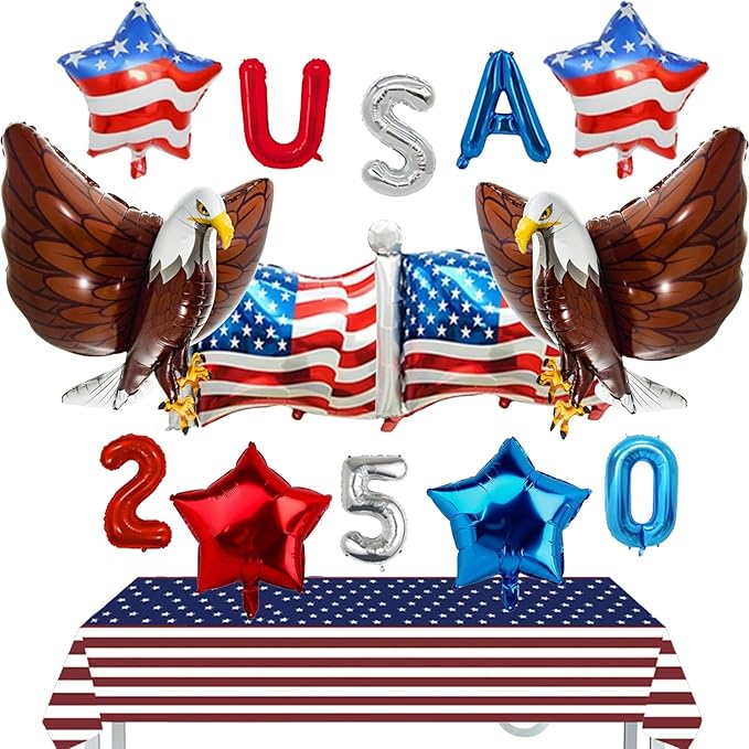 15 Pcs Patriotic Party Pack with Large 32 Inch Eagle Balloons & Tablecover, USA Red White Blue Party Decor for 4th of July Election Day Veterans Day