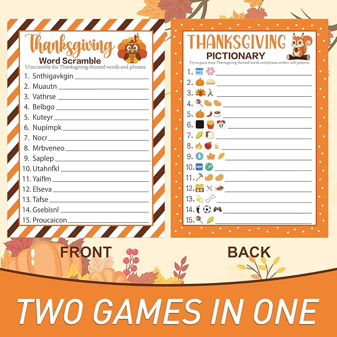 30 Players Thanksgiving Games for Family Party Adults Office Large Groups, Words Pictionary Game, Guesstures Games, Word Scramble Game Fall Classroom Activities with Answer Key (Thanksgiving A)