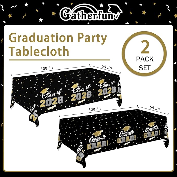 Gatherfun 2026 Graduation Decorations : 2-Pack Congrats Grad Disposable Tablecovers - Class of 2026 Black and Gold Themed Table Cloths, for Graduation Party Supplies & Graduation Backdrop, 54" X 108"