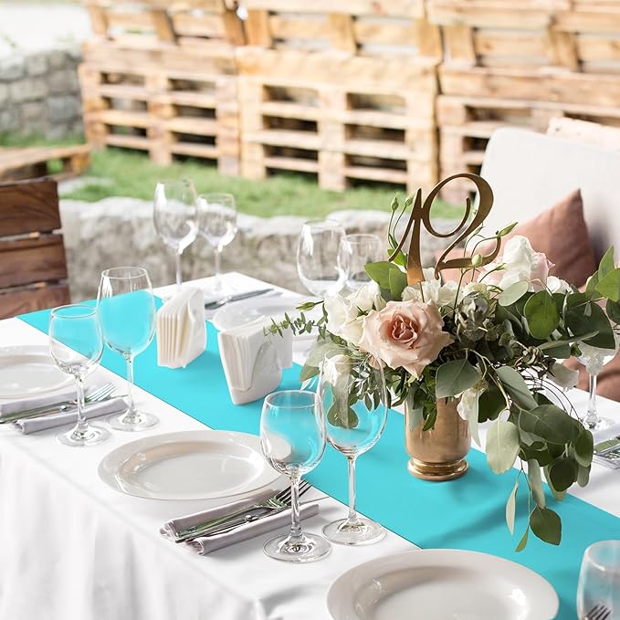 12Pack 12x108 Inch Satin Table Runner and 54x108Inch Plastic Tablecloths Set White and Teal Disposable Rectangle Table Cover for Graduation Wedding Bridal Shower Anniversary Birthday Party Decorations