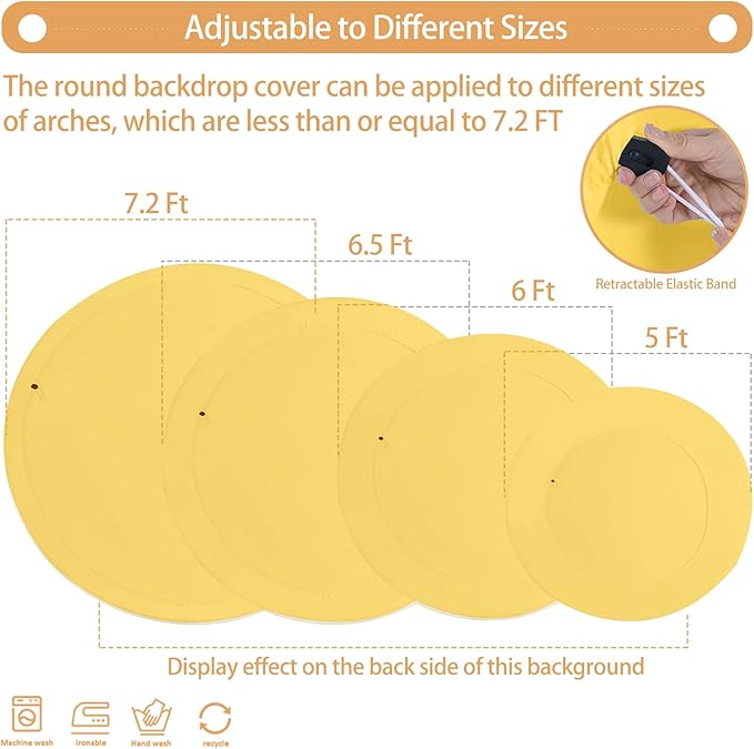 Gallety 7.2FT Yellow Round Backdrop Cover with Size Adjuster & 4 Metal Clips, Universal Fit for 5ft-7.2ft Circle Stand, Polyester Fabric Arch Cover for Wedding, Birthday Party, Photography Decor