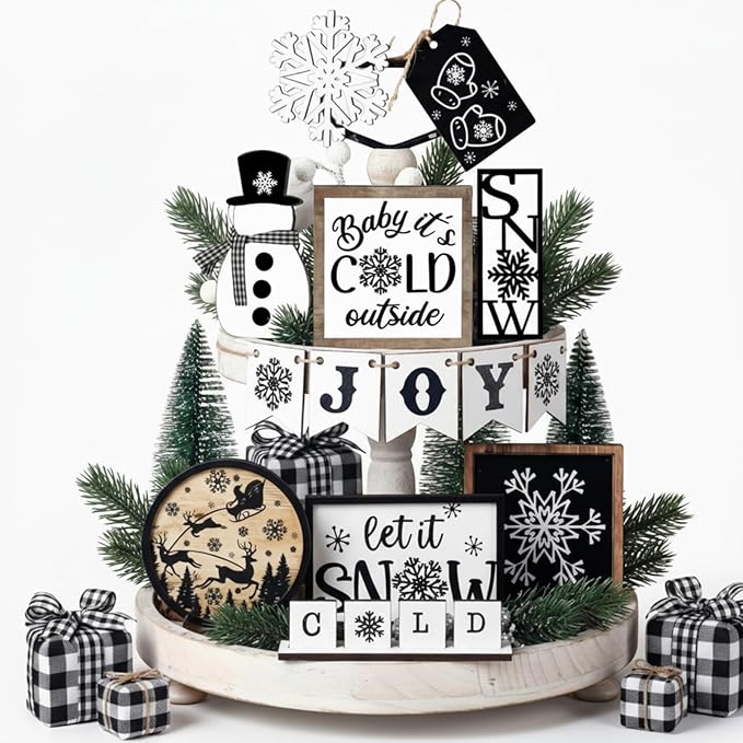 Winter Tiered Tray Decor Set Snowman Snowflake Table Decor Christmas Tree Wooden Sign Farmhouse Coffee Spice Blocks Winter Decoration for Christmas Home Table Shelf