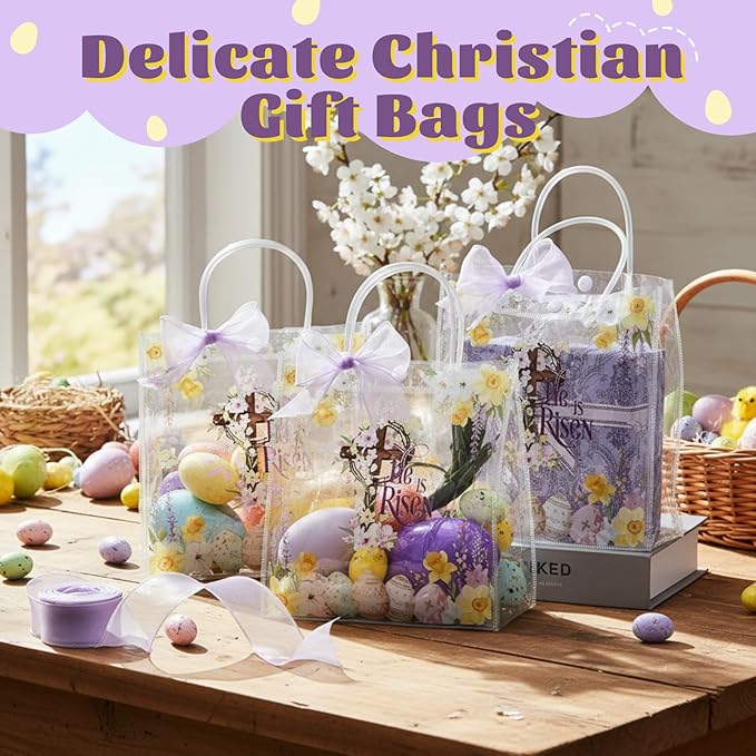 Henoyso 24 Pcs Easter He Is Risen Clear Gift Bags Christian Religious Plastic Goodie Treat Candy Bags with Handles Reusable PVC Party Favor Tote for Birthday Party Gift Wrapping, 7.8 x 7.8 x 3.1 Inch