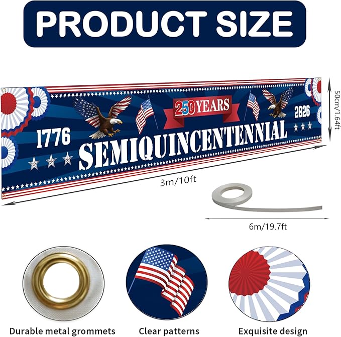 250th Anniversary American Banner Flag, 4th of July Decorations,1776-2026 USA Birthday Premium Banner with Grommets, Decorations for Outdoor, Indoor, Yard, Garden, Porch (Style 2)