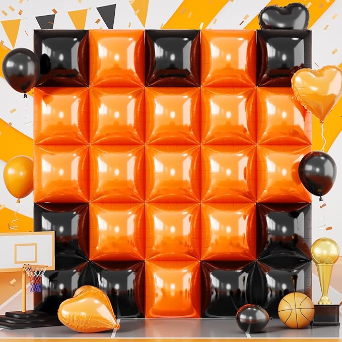 Black Orange Square Foil Balloons, 25PCS Double Sided Metallic Orange and Black Square Balloons Backdrop Wall Tunnel Arch Kit for Basketball Theme Boys Men Birthday Halloween Party Background Decor