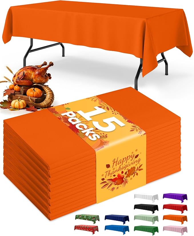 Orange Plastic Table Cloth Rectangle Table 15 Pack, 54''×108'' Tablecloth for 6ft Tables, Table Cloth for Disposable Use, Table Cover for Holiday Party, Gathering
