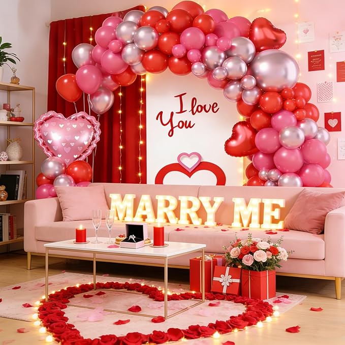 Valentines Day Balloons Arch Kit, Hot Pink Red Metallic Pink Blloons with Heart Foil Balloon for Valentines Day Decorations Wedding Engagement Anniversary Supplies
