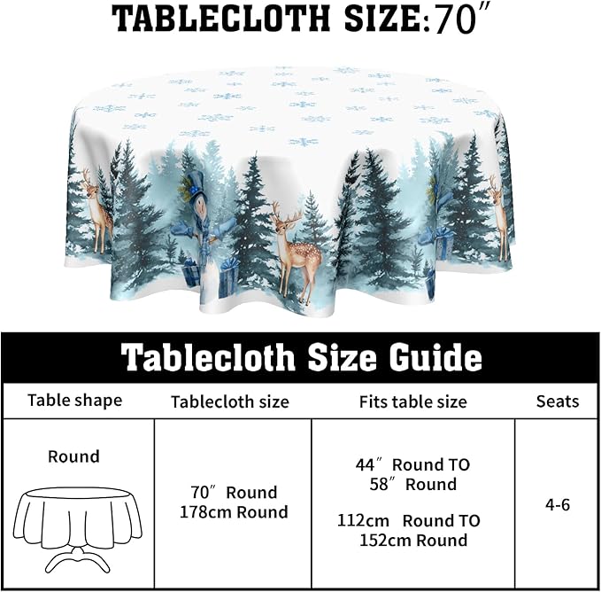 Christmas Reindeer Round Tablecloth Xmas Snowflake Pattern 70 Inch White Blue Table Cloth Winter Holiday Table Cover Washable Polyester Decor for Home Kitchen Dinning Party