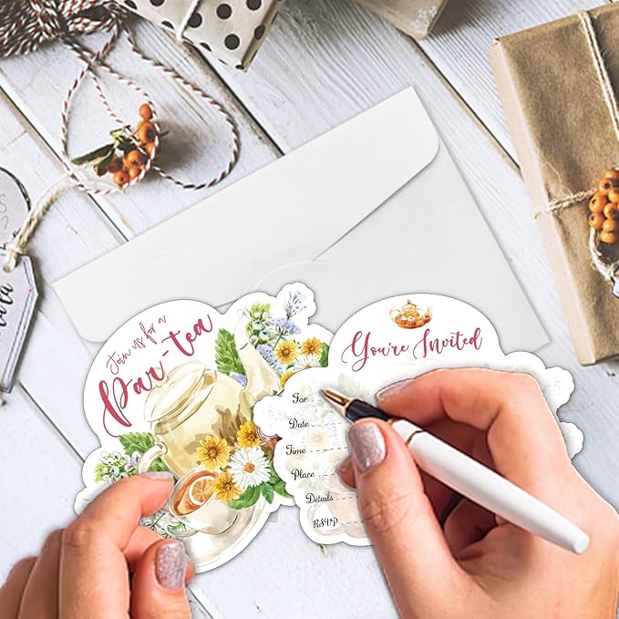 REWIDPARTY 20 Pack Floral Tea Party Invitation Cards with Envelopes & Stickers, Watercolor Floral Shaped Fill-in Invitations Let's Par-Tea Invites Cards Tea Birthday Party Supplies for Kids Adults