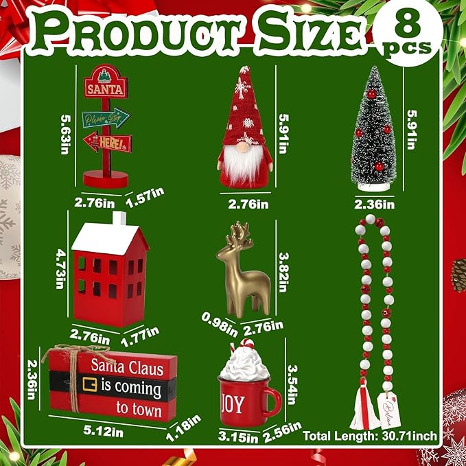 Christmas Decorations 8 PCS Tiered Tray Decor Set, Cute Tabletop Christmas Decor for Home Shelf Mantel Fireplace Office Desk Coffee Bar Xmas Table Centerpieces Tray Objects Holiday Decoration Set