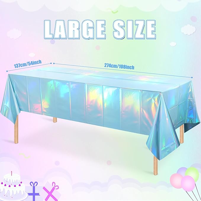 6 Pack Iridescent Light Blue Tablecloth for Parties, Pastel Blue Holographic Plastic Table Cover, Disposable Laser Baby Blue Table Cloth for Birthday Wedding Baby Shower Party Decorations, 54x108 Inch