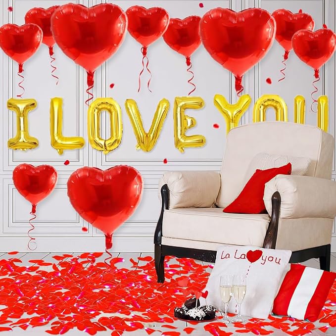 2 set 16 inch I Love You Balloons and Heart Balloon with 500 Pieces Rose Petals, Gold I Love You Letter Balloons for Him/Her Valentines Day Decorations Wedding Anniversary Engagement