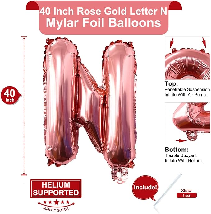 Lovoir 40 Inch Large Rose Gold Letter N Balloons Big Size Jumbo Mylar Foil Helium Balloon for Birthday Party Celebration Decorations Alphabet Rose Gold N