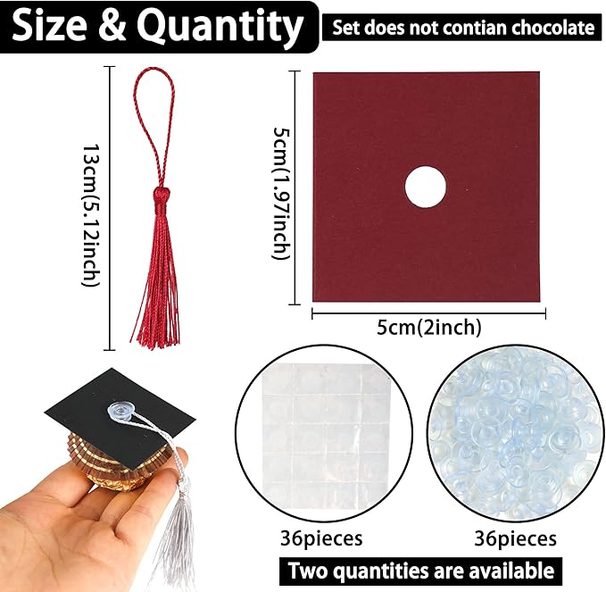 Gyufise 36Pcs Graduation Decorations 2026 Graduation Cap Cupcake Toppers Chocolate Decorations Mini Grad Cap Decor with Tassel Adhesive Dots for Class of 2026 Congrats Grad Wine Red