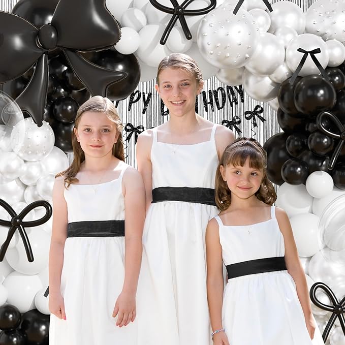 Black and White Balloons Arch Kit,JOGAMS 187Pcs White Black Bow Birthday Party Decorations with Bow Double Stuffed Pearl White Balloons Ribbon Pearl Stickers for Birthday Bachelor Bridal Baby Shower