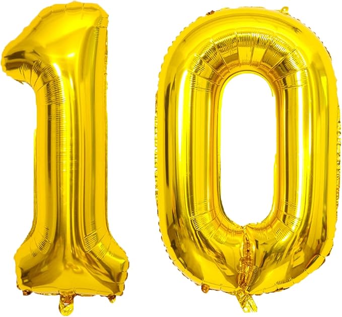 Large Gold 10 Number Balloons, 40 Inch Jumbo Number 10 Balloon, Gold Foil Mylar Balloons for Girl Sweet 10th Birthday Party, Anniversary Decorations