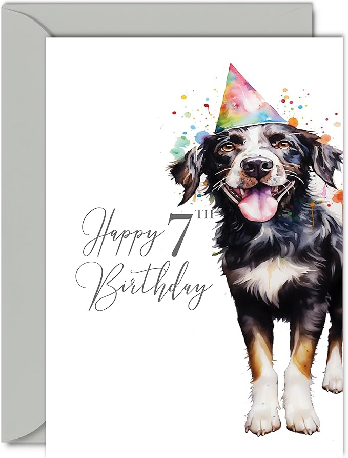 7th Birthday Cards for Boys Girls - Party Dog - Happy Birthday Card for 7 Year Old Boy Girl Grandson Granddaughter Son Daughter Nephew Niece, 5x7 Inch Bday Greeting Cards