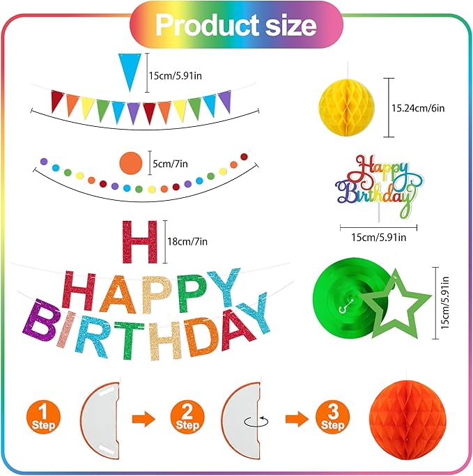 Rainbow Birthday Decorations Pre-Strung Happy Birthday Banner for Girls Women Boys Birthday Banners with Pennant Honeycomb Balls Cake Topper Stars Hanging Swirl Streamers Circle Dots Garland