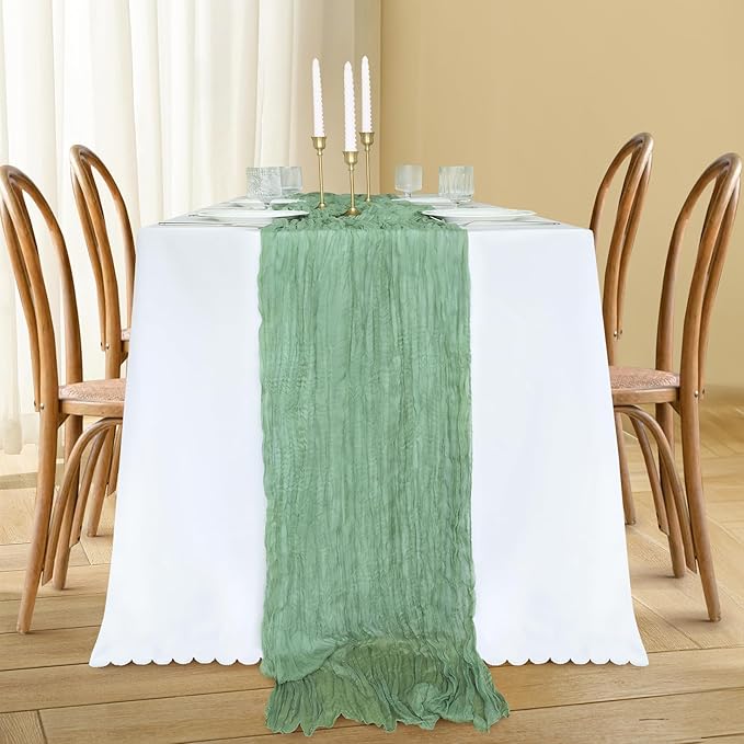 10FT Sage Green Table Runner, 35*120inch Boho Green Table Runners Cheese Cloth Runner for Wedding Bridal Shower Baby Shower Party Table Centerpiece Table Decor
