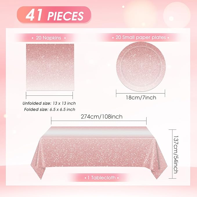 41Pcs Ombre Rose Gold Birthday Decorations,Gradient Pastel Rose Gold Party Supplies Birthday Party Disposable Paper Plates Napkins Tablecloth丨Women Girls Birthday Wedding Princess Party Decor,Serve 20