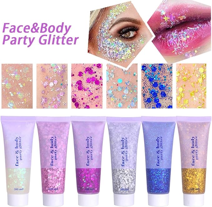 MEICOLY Black Glitter, Professional Body Paint, Holographic Mermaid Sequins Eye Glitter for Halloween Cosplay SFX Makeup, Self-Adhesive Chunky Face Gel for Women and Kids