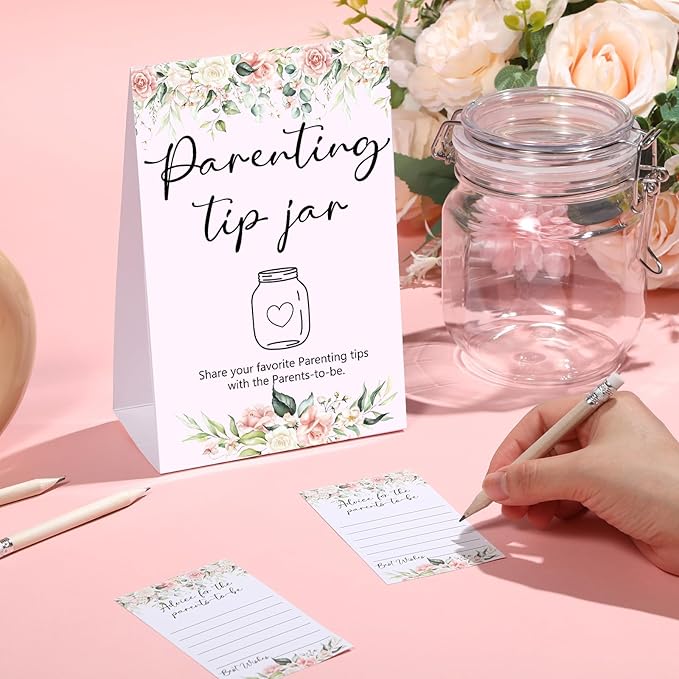 Roowest Baby Shower to Baby Advice Cards for New Parents to Be - Tip Jar Sign for New Parents 60 Parenting Advice Cards 10 HB Pencils 2 Cute Stickers 1 Pet Bottle for Guests Games(Flower)