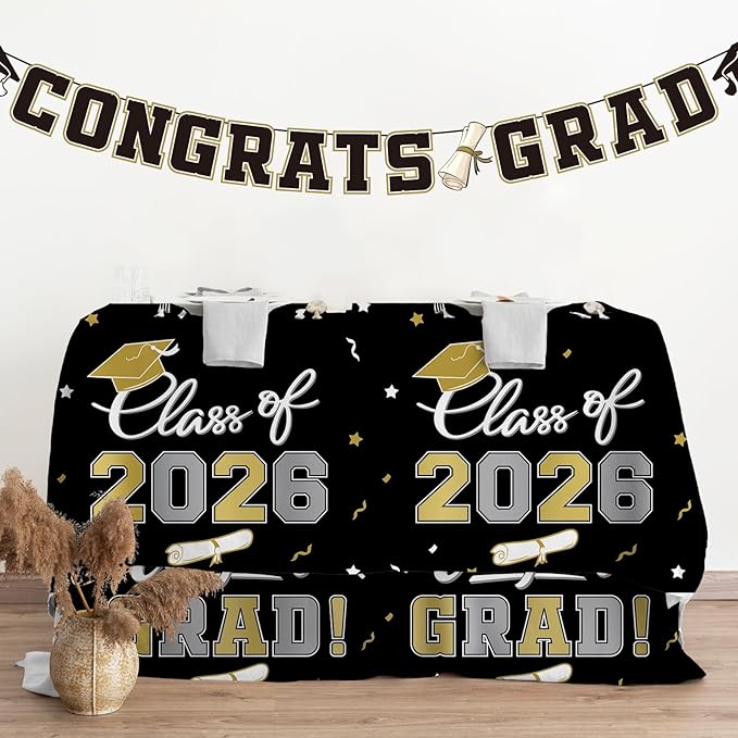 Gatherfun 2026 Graduation Decorations : 2-Pack Congrats Grad Disposable Tablecovers - Class of 2026 Black and Gold Themed Table Cloths, for Graduation Party Supplies & Graduation Backdrop, 54" X 108"