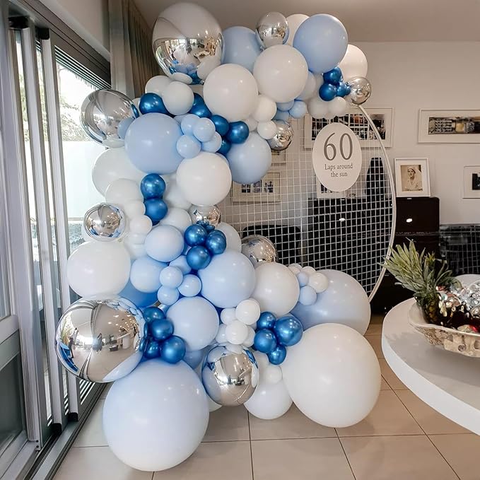 Blue White Balloon Arch Kit Baby Blue White Silver Balloon Garland 4D Silver Foil Balloons Pastel Light Blue Silver Latex Balloons Christening Boy Birthday Baby Shower Party Decorations QQ-113