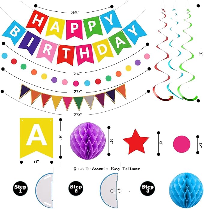 Colorful Birthday Decorations, Happy Birthday Banner with Honeycomb Balls, Stars Hanging Swirl Streamers, Buntings Circle Dots Garland, Party Decorations for Women Men Boys Girls (Colorful)