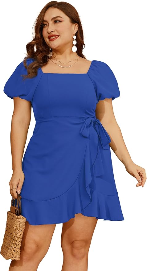 Sampeel Womens Summer Dresses Square Neck Puff Sleeve Tie Waist Short Dress