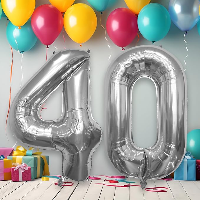 40 Inch Large Number Celebration and Decoration Balloon for Birthday Parties, Graduations, Anniversaries, Weddings, Photo Shoots, Special Events - Helium Foil Mylar (Silver Number 40)