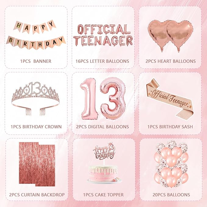 13th Birthday Decorations for Girls, Official Teenager Party Supplies Rose Gold Foil Balloons, Tiara Tassel Curtains Sash Balloons Numbers Banner Cake Topper for 13 Birthday Girl Decorations