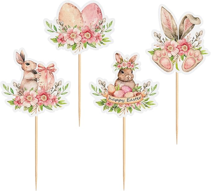 Ercadio 24Pcs Floral Easter Rabbit Bunny Ear Cupcake Toppers Rabbit Egg Happy Easter Cupcake Picks for Easter Day Spring Boys Girls Birthday Baby Shower Party Cake Cupcake Decors Supplies