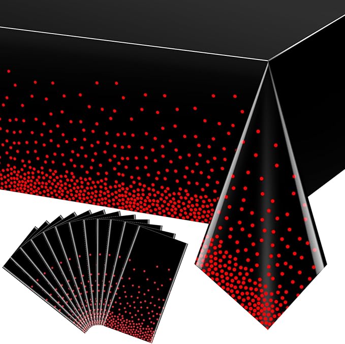 12 Pack Red and Black Dot Plastic Tablecloth, Red Stamping Dot Confetti Rectangle Plastic Disposable Table Cover for Birthday Wedding Baby Shower Engagement Anniversary Party Decorations, 54 x 108Inch
