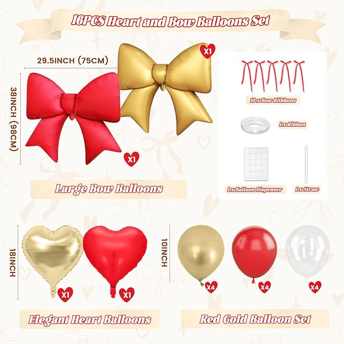 16Pcs Red and Gold Heart Balloons, 38 Inch Bow Balloons, Red Champagne Gold Clear Balloon with Bow Ribbons for Anniversary Birthday Wedding Bridal Baby Shower Valentines Day Decorations