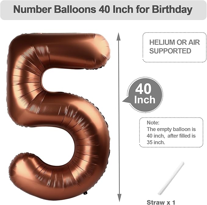 Number 5 Balloon 40 Inch, Foil Balloons for Boys And Girls, Coffee Brown Numbers Balloon for 5, 15, 25, 50 Birthday Party Decoration, Anniversary, Wedding, Single Supplies