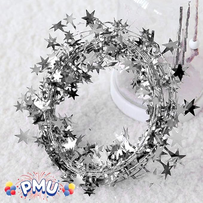 PMU 75 Ft Star Wire Shiny Garland Silver - Halloween, Christmas Party, Wedding, Birthday, Festive Home Decoration Ornament Silver (3pc-25Ft Each)