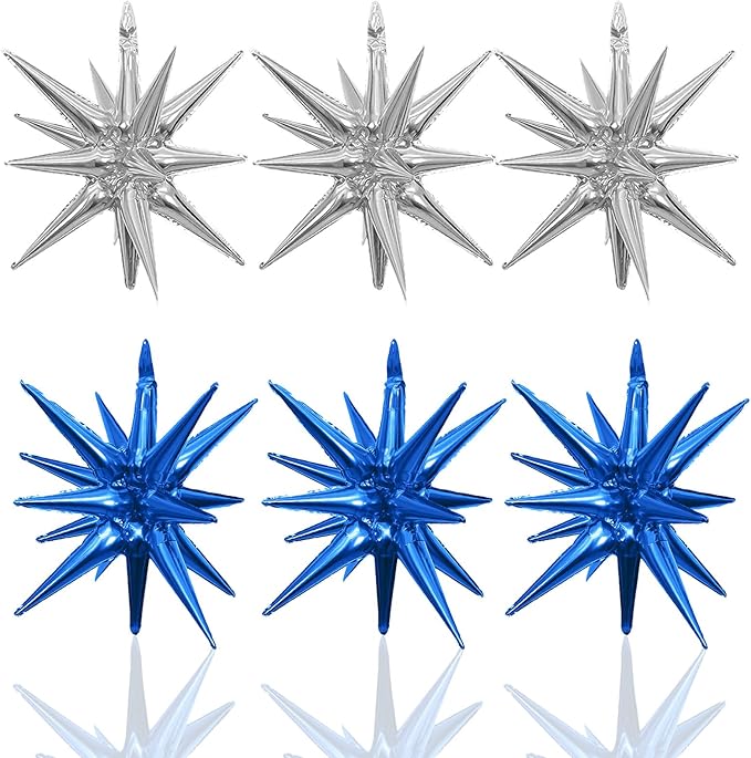 6PCS Blue Silver Star Balloons, 22Inch Large Navy Blue Silver Star Shaped Balloon Foil Spike Balloon Cone Balloons for Graduation Birthday Baby Shower Party Decorations