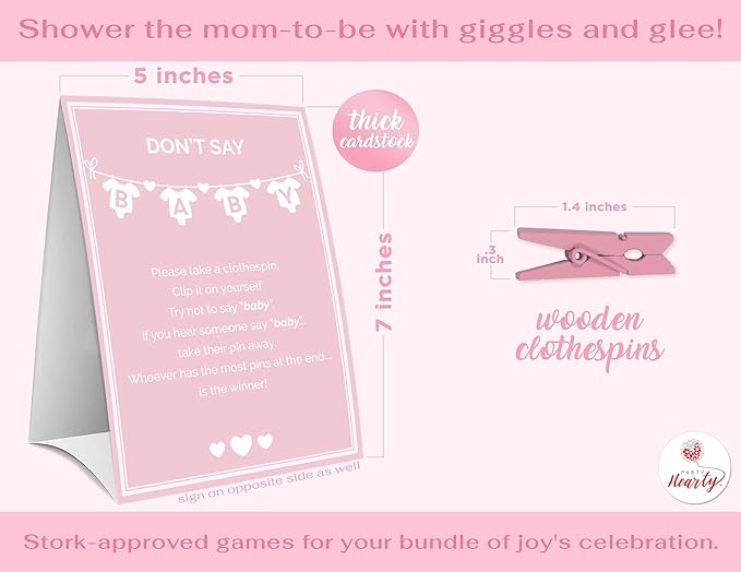Party Hearty Baby Shower Games for Girl, Don't Say Baby Game,1 Sign and 50 Mini Pink Clothespins, Shower Game Ideas