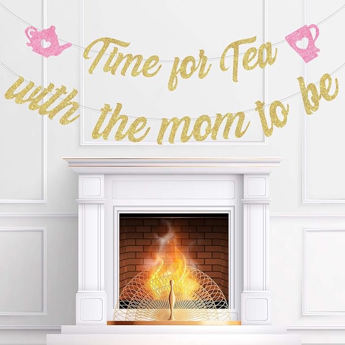 Cheereveal Pink Gold Glitter Tea with Mom to Be Banner, Vintage Teacup Teapot Printed Sign for Afternoon Tea Baby Shower Pregnancy Announcement Gender Reveal Party Decorations Supplies
