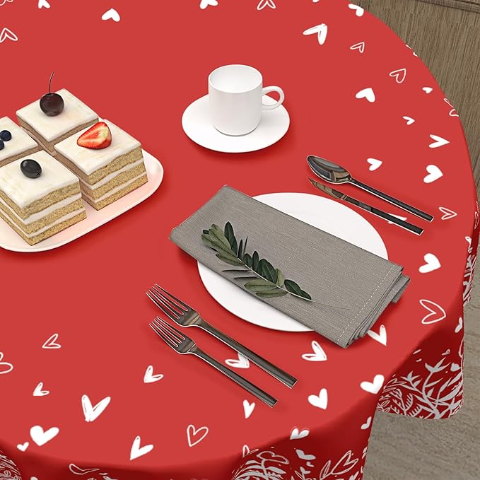 Valentine's Day Round Tablecloth 70 Inch Red Heart Pattern Circle Table Cloth Spring Holiday Table Cover Washable Polyester Decorations for Home Kitchen Dinning Party