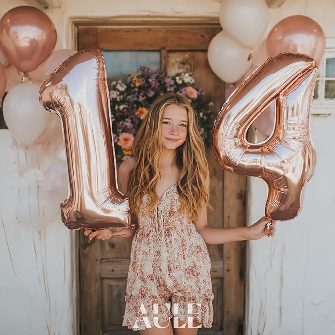 AULE 40 Inch Large 14 Balloon Numbers Rose Gold Big Foil Number Balloons Giant Helium Happy 14th Birthday Party Decorations fo Girl Huge Mylar 41 Anniversary Supplies