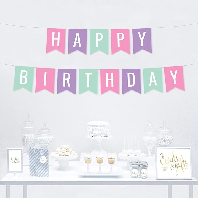 Andaz Press Hanging Pennant Banner Party Decorations, Pink, Lavender, Seafoam Mint Green, Happy Birthday, 1-Pack, Approx. 5-Feet, Rainbow Unicorn Girl's Party Themed Decor