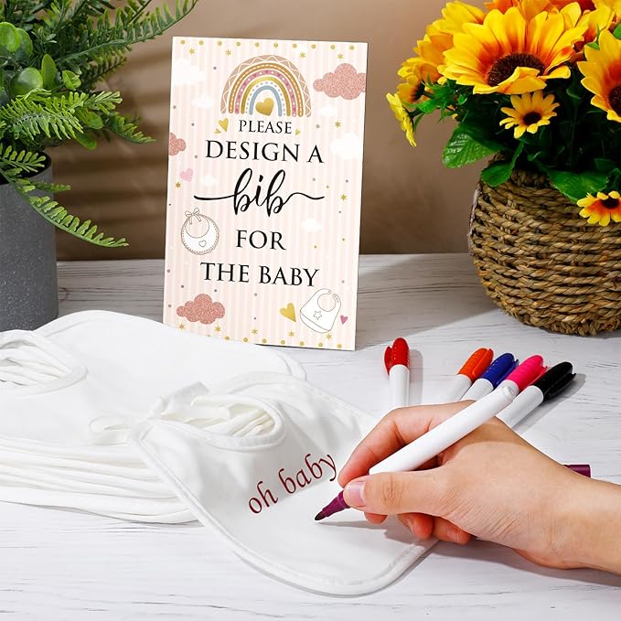 Panitay 43 Pcs Baby Shower Games White Bibs Design, Include Wooden Baby Shower Game Sign, 30 DIY Blank White Bibs, 12 Markers for Gender Reveal Party Decorating Supplies(Boho)
