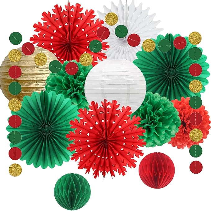 Christmas Decoration White Snowflake Paper Fans Paper Honeycomb Ball Lanterns Red Green Gold Circle Dot Garland for Christmas Party Supplies Xmas New Year Decorations