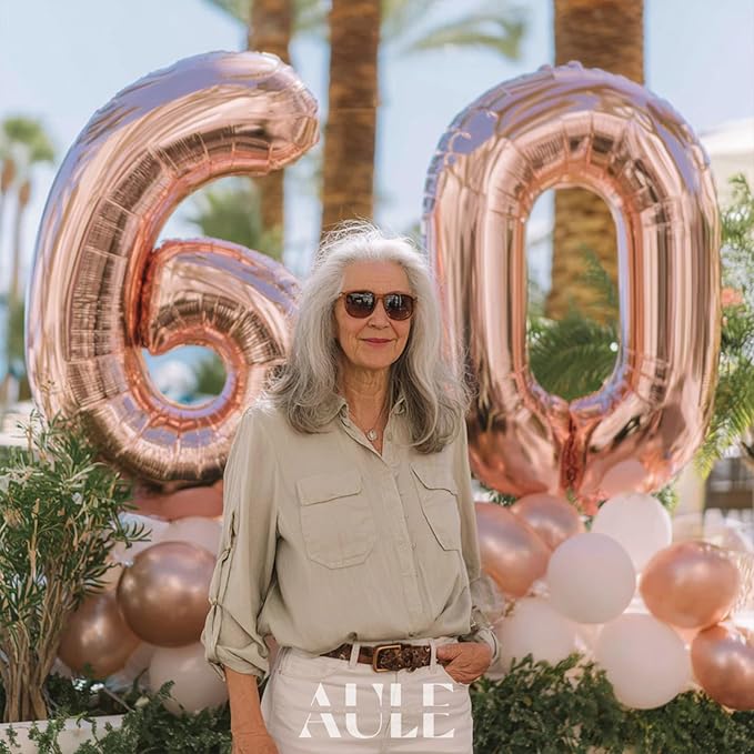 AULE 40 Inch Big Rose Gold Foil Mylar Number Balloons for Women 60th Birthday Party Decorations Giant Happy 60 Anniversary Party Decor