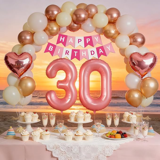 30th Birthday Decorations for Women, Rose Gold and Black Party Supplies Set with Happy 30th Banner, Number 30 Balloon and Foil Fringe Curtains, 30 Year Old Kit
