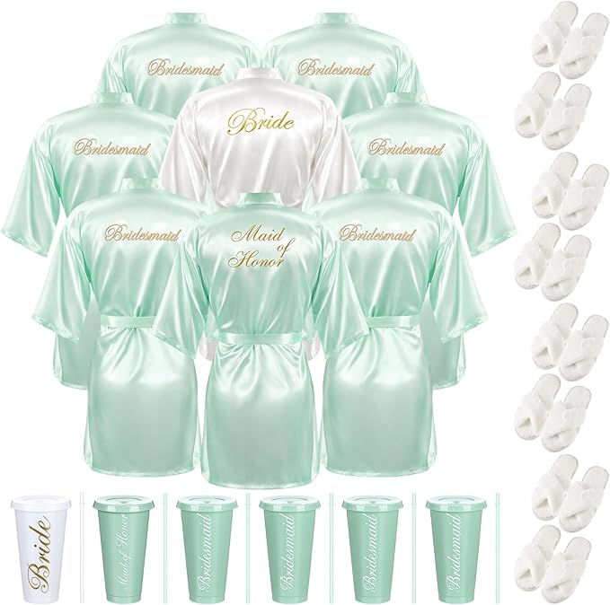 Bonuci 24 Pcs Bridesmaid Bride Robes Set of 8 Bridal Satin Robes Fluffy Slippers Drinking Cups for Wedding Bachelorette Party