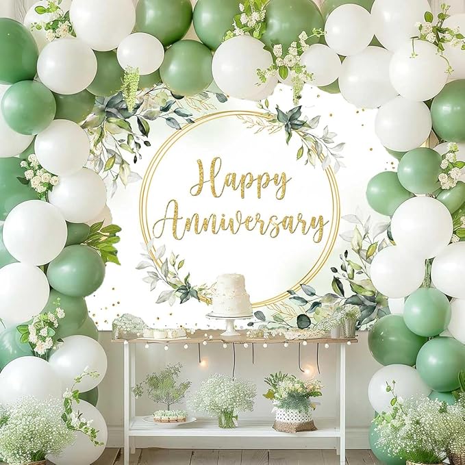 Sensfun 10x7ft Happy Anniversary Backdrop Sage Green Eucalyptus Wedding Anniversary Party Decorations Greenery Marriage Memorial Day Cheers to 10 Years 25th 40th 50th Wedding Day Banner