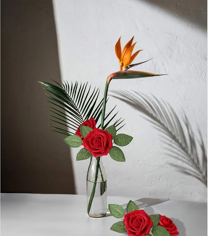 AmyHomie Artificial Flower Dark Red Rose 100pcs Real Looking Fake Roses w/Stem for DIY Wedding Bouquets Centerpieces Arrangements Party Baby Shower Valentines Day Christmas Tree Decorations